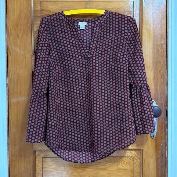 J. Crew Maroon Red Print Boho Bell Sleeve Blouse Women’s Extra Small - Picture 1 of 6